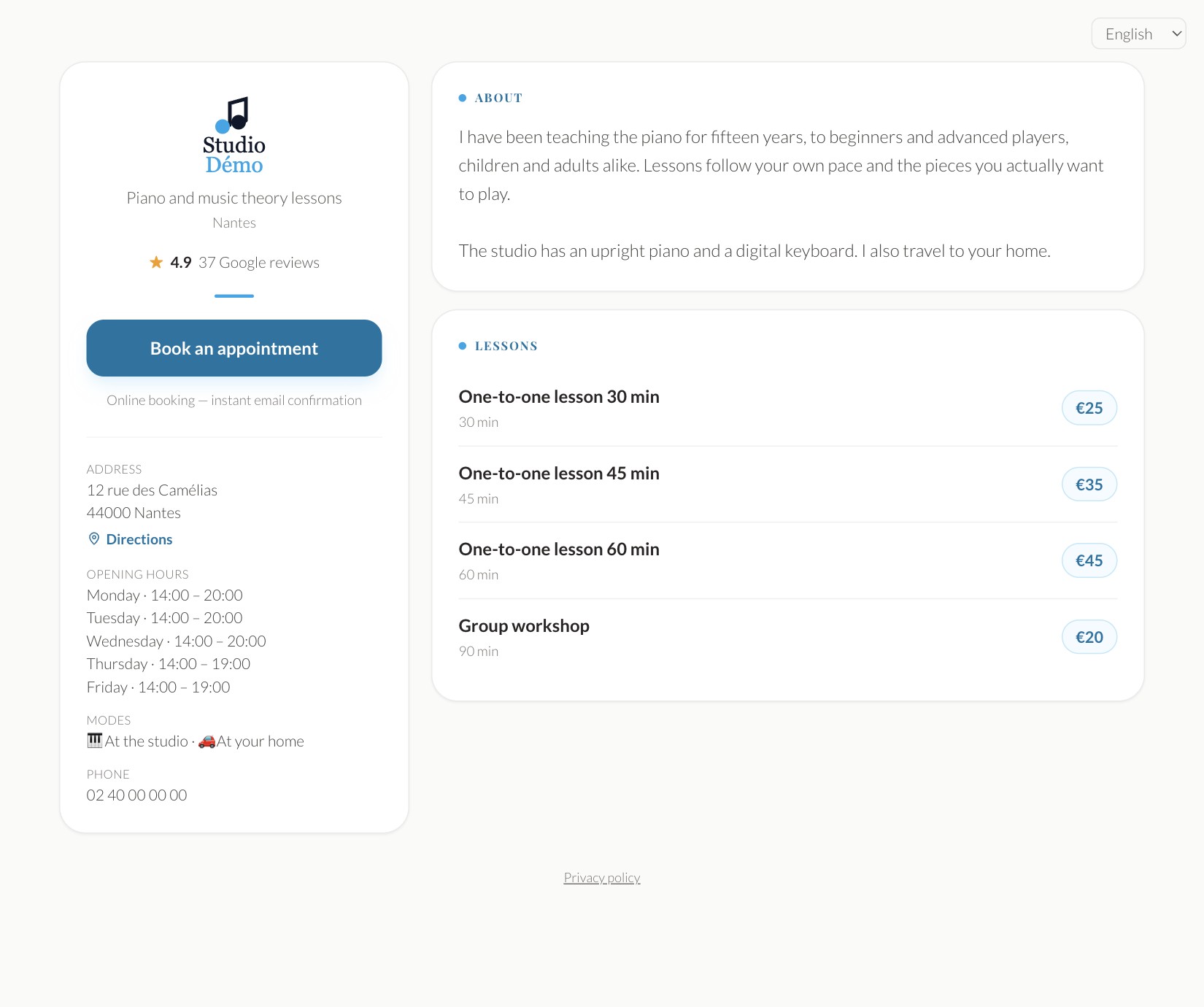 The booking page, exactly as your clients see it.