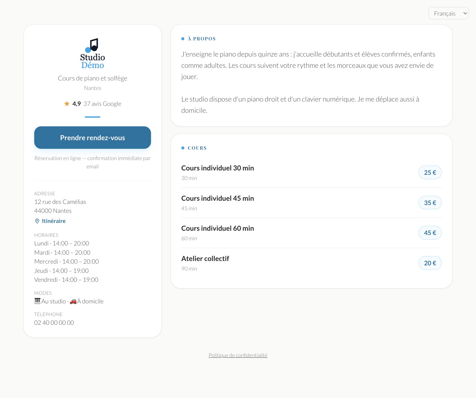La page de réservation, telle que vos clients la découvrent.