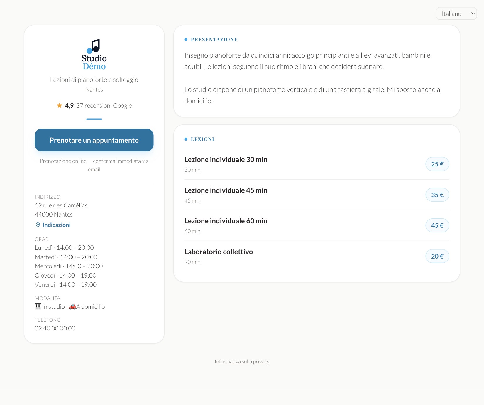 La pagina di prenotazione, così come la vedono i suoi clienti.