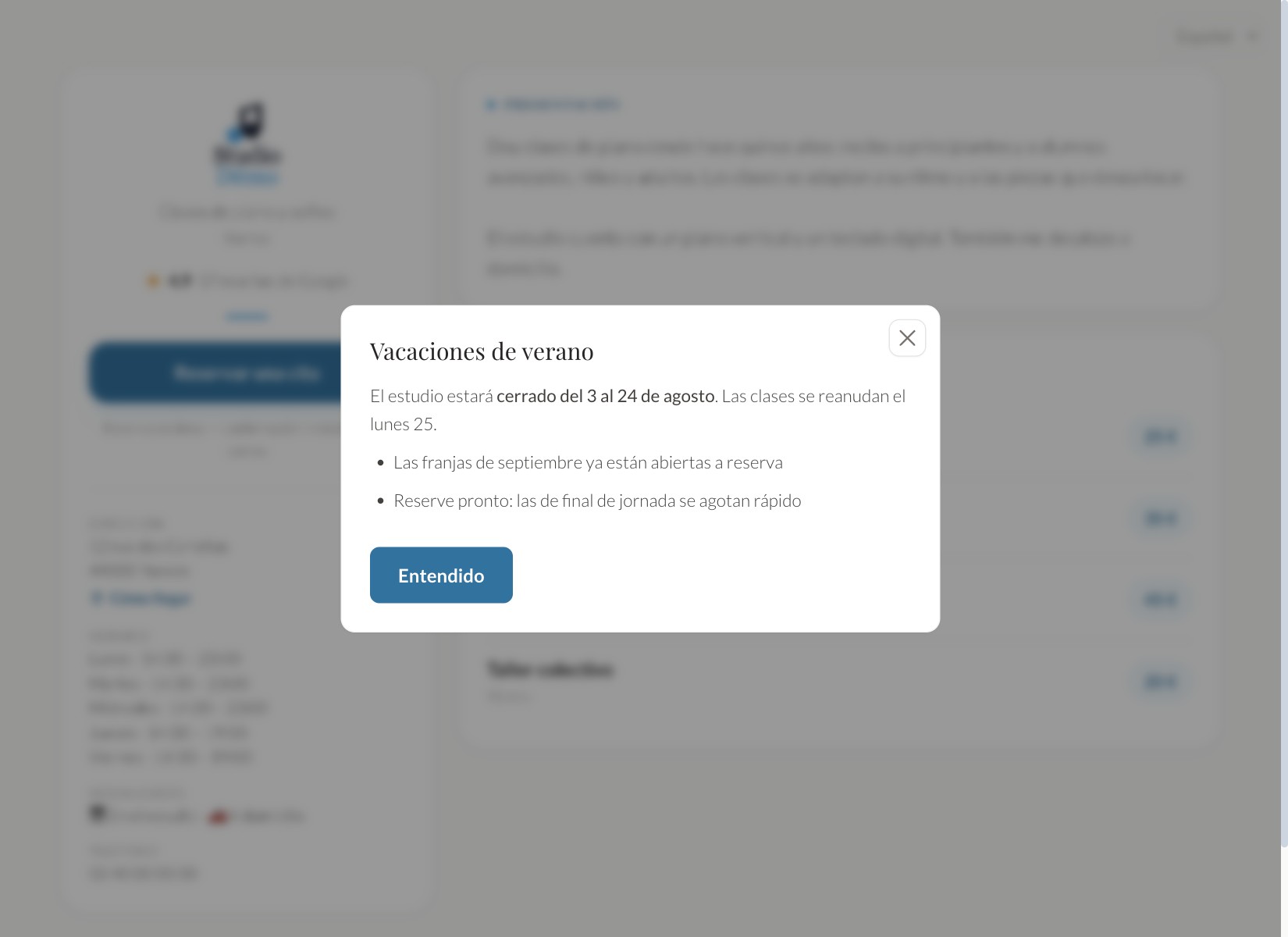 Un aviso al llegar a su página: vacaciones, nuevos horarios