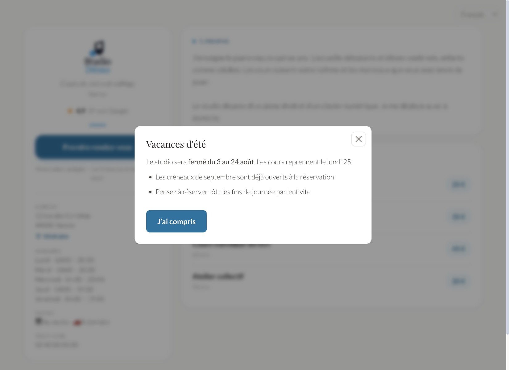 Une annonce à l’arrivée sur votre page : congés, nouveaux créneaux