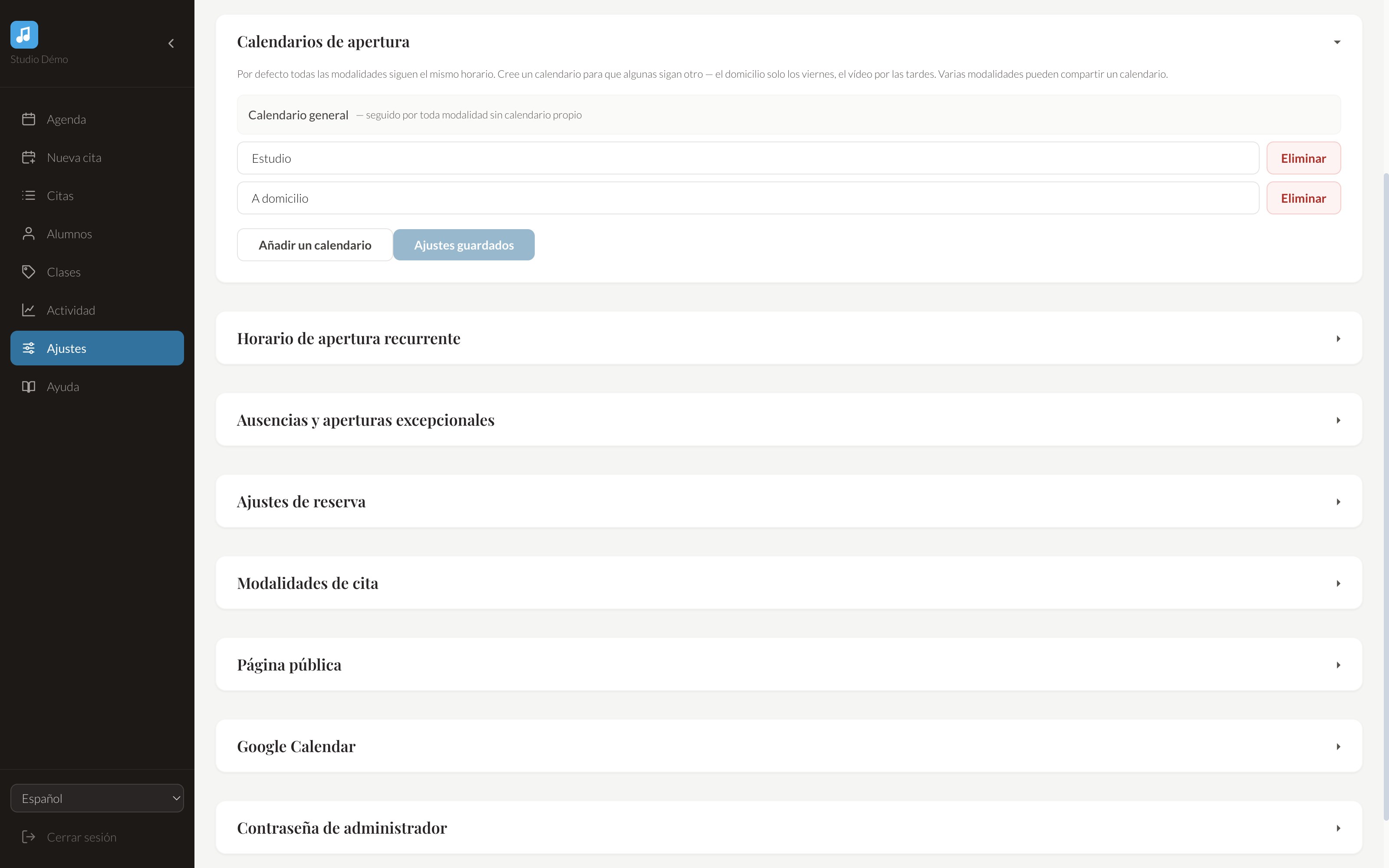 Un calendario de apertura por lugar, si tiene varios