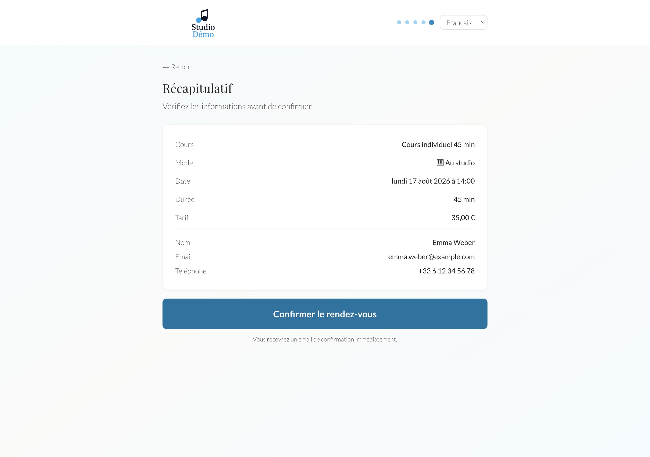 Le récapitulatif, avant de confirmer