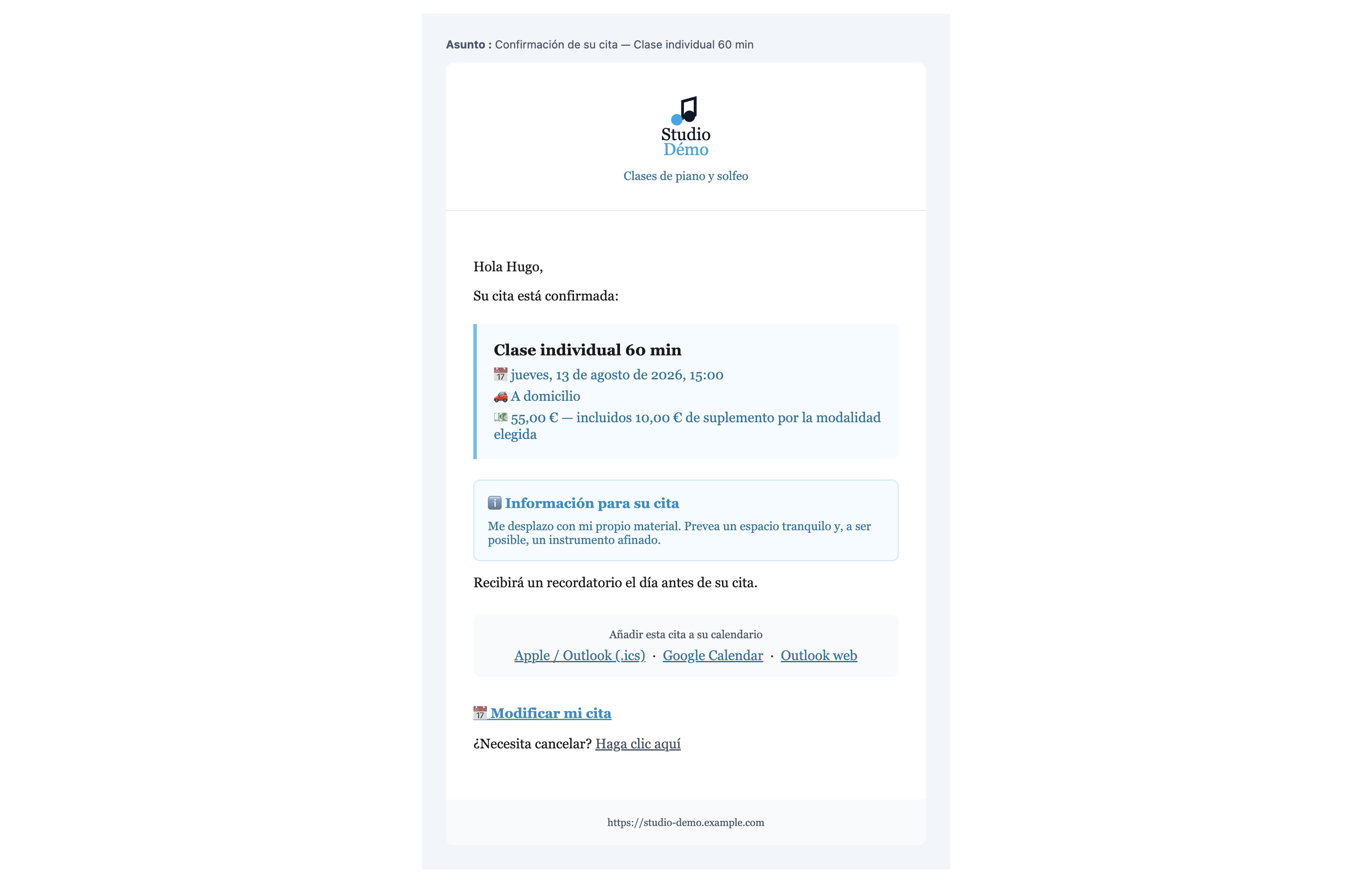 El correo de confirmación que recibe su cliente