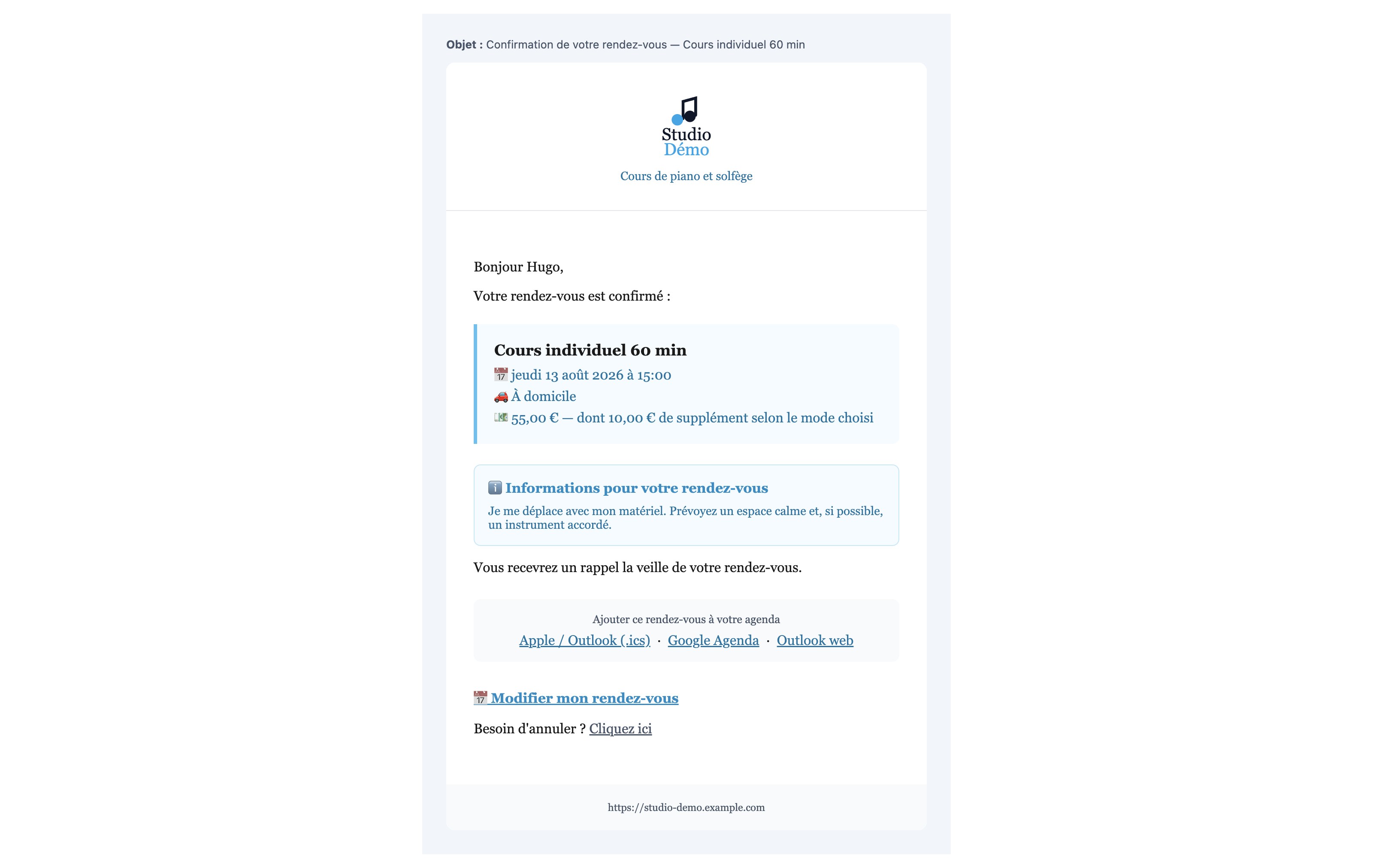 L’email de confirmation reçu par votre client