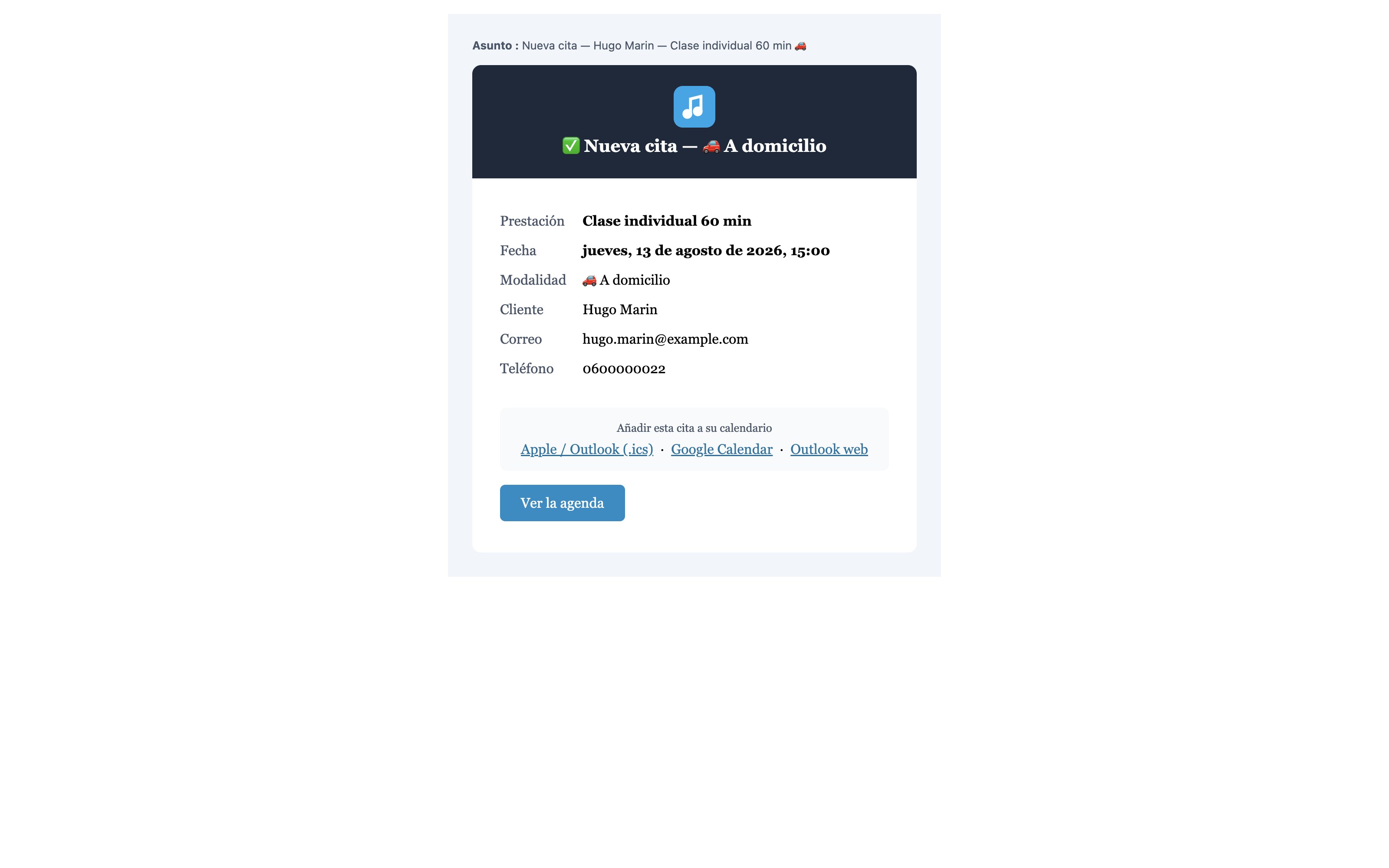 El correo que le avisa de una reserva