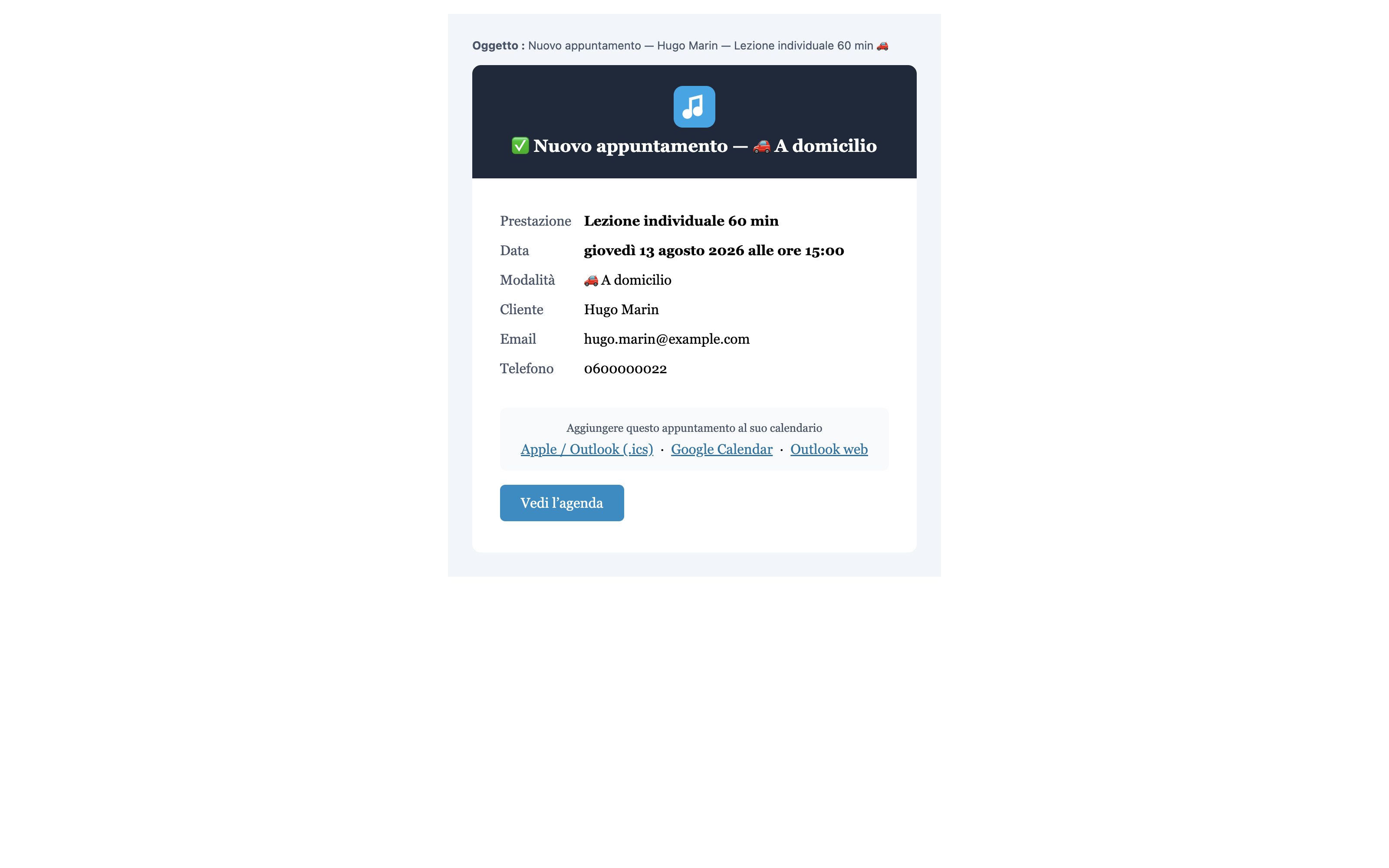 L’email che la avvisa di una prenotazione