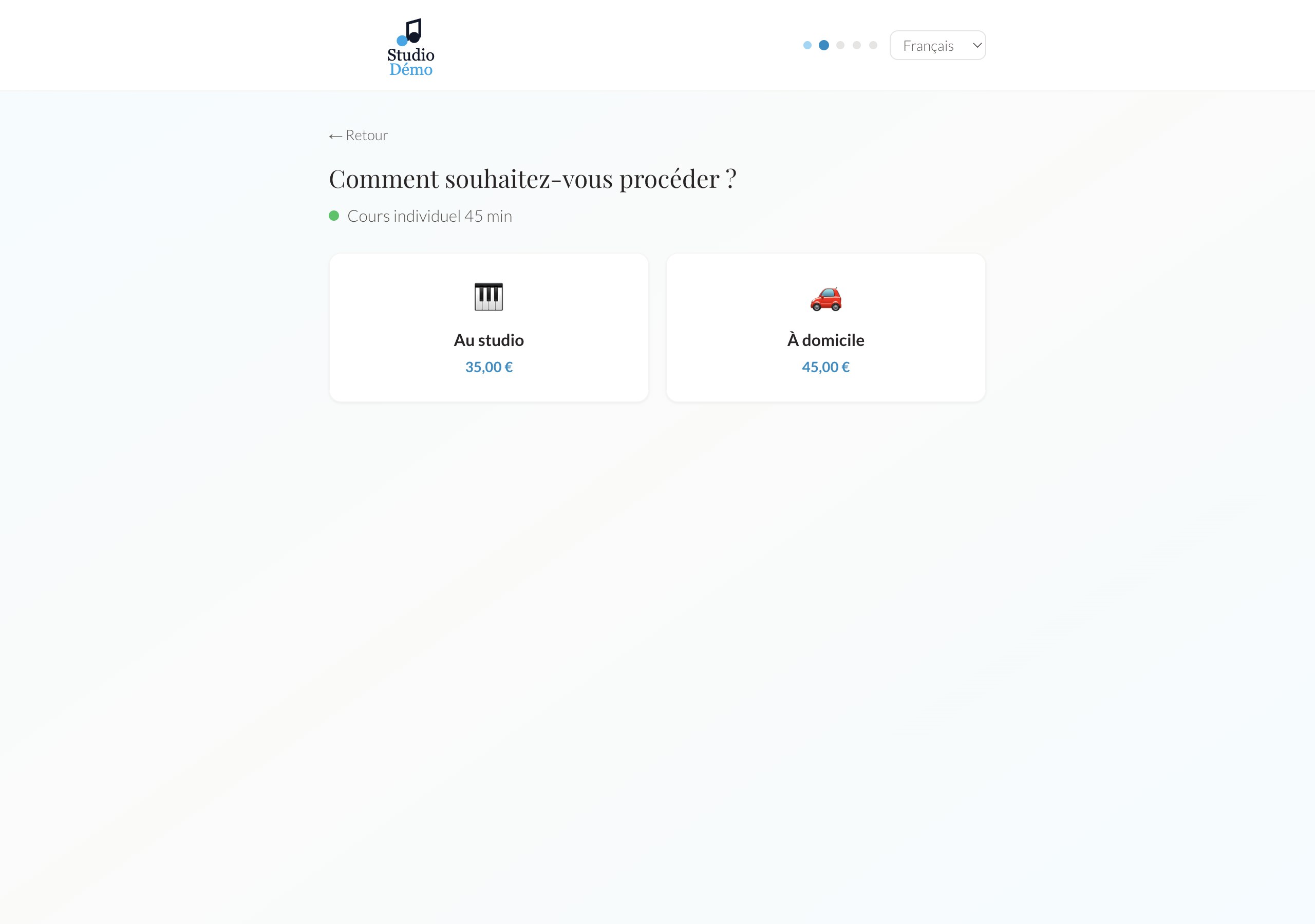 Studio ou domicile — le tarif suit
